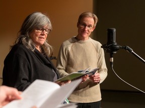 Yvette Nolan, left, and Stephen Waldschmidt read from Nolan's play The 5th Setting during Christmas Presence in 2021.