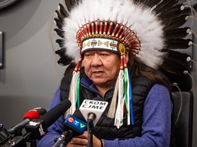 Chief Rodger Redman of Standing Buffalo First Nation speaks at a Federation of Sovereign Indigenous Nations press conference to discuss what the FSIN calls the provincial government's "continual infringement on First Nations inherent and Treaty rights."