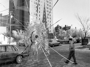 A photo of a bullet hole in the front window of the StarPhoenix building, from Dec. 22, 1986. Five full-length windows into the building's cafeteria were shot with nine bullets in the early-morning hours of Dec. 20, causing an estimated $4,500 in damage.