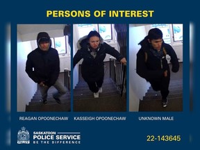 Saskatoon police are looking for Reagan and Kasseigh Opoonechaw and an unknown man in connection to the death of a 21-year-old man on Dec. 1, 2022.