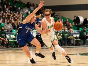 University of Saskatchewan Huskies’ Libby Epoch takes on the University of Lethbridge Pronghorns during the Canada West conference semi final at the PAC on March 18.