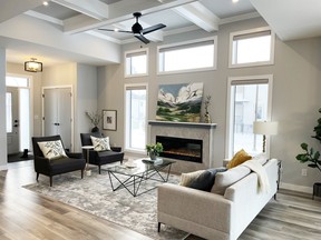 Boychuk Homes offers a fresh take on the classic bungalow, with its spacious 1,550 square-foot show home located at 503 Hamm Crescent in Rosewood. The living room’s coffered ceiling is an example of the fine craftsmanship throughout the home.