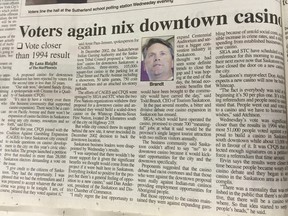 This article from the Oct. 23, 2003 edition of the Saskatoon StarPhoenix details the rejection by Saskatoon voters of a proposal to build a downtown casino that would have been run by First Nations. The 2003 election marked the last time a public vote was held in Saskatoon.
