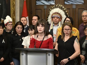 Cambria Harris, daughter of Morgan Harris, speaks during a news conference calling on the federal government to take action to end violence against Indigenous women, girls and two-spirit people, in the Foyer of the House of Commons on Parliament Hill in Ottawa, on Tuesday, Dec. 6, 2022. Police identified Morgan Harris as one of four women killed by an alleged serial killer in Winnipeg, but her body has not yet been found.