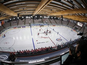Play gets underway as Canada plays Finland during first period IIHF Women's World Championship hockey action in Calgary, Alta., Friday, Aug. 20, 2021. Brampton, Ont., will host the women's hockey world championship in 2023.