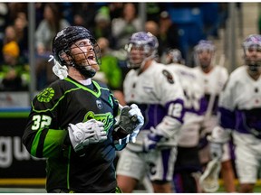 Saskatchewan Rush forward Marty Dinsdale (32) celebrates after scoring against Panther City Lacrosse Club during the fourth quarter of National Lacrosse League action at Sasktel Centre in Saskatoon, Sask., on Saturday, December 31, 2022.