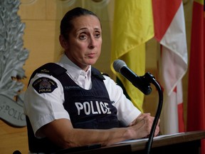 Saskatchewan RCMP Commanding Officer Rhonda Blackmore speaks during a press conference in Regina on Wednesday Sept. 7, 2022.