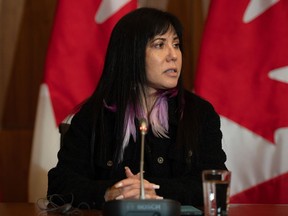 NDP Member of Parliament for Winnipeg Centre and Member of The House of Commons Standing Committee on the Status of Women (FEWO), Leah Gazan, speaks during a press conference on the committee's report titled "Responding to the Calls for Justice: Addressing Violence Against Indigenous Women and Girls in the Context of Resource Development Project" in Ottawa, on Wednesday, Dec. 14, 2022.