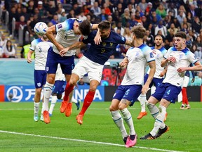 France's Olivier Giroud scores the team's second goal against England.