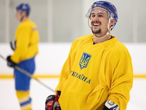 One of Team Ukraine's players is all smiles during a practice one day before their game against the U of S Huskies at Merlis Belsher Place, part of the FISU Universiade Winter Games-bound national university ice hockey team's "Can't Stop Hockey Tour" in Canada. Photo taken in Saskatoon on Thursday, Dec. 29, 2022.