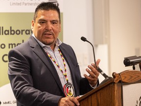 Jason Thompson, owner of Superior Strategies, speaks during the unveiling of All3Innovation LP — a new majority Indigenous-owned technology business, in Saskatoon on Dec. 12, 2022.