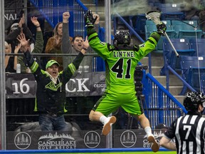 Saskatchewan Rush’s Dan Lintner jumps up for joy after scoring the first goal of the game against Colorado Mammoth at SaskTel Centre on Dec. 3.