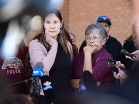 Dawn Walker’s sister and mother Kathy Walker (left) and Theresa Walker (right) speak to media after Dawn Walker’s first court appearance at Saskatchewan Provincial Court on Aug 29.