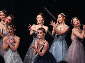 Competitors, including eventual winner Yi Yi Wang, front centre, dance during the Miss Chinese Vancouver Pageant, in Richmond, B.C., on Wednesday, November 30, 2022. The popularity of the 27-year-old pageant is testament to both the ongoing lure of celebrity in Hong Kong and Chinese show business, and what one expert calls the "aura" surrounding Canadian Chinese entertainers across the Pacific. Vancouver has long served as a source of talent for the Hong Kong and mainland Chinese entertainment scenes, and the mutual attraction persists in spite of recent political tensions between Canada and Beijing.