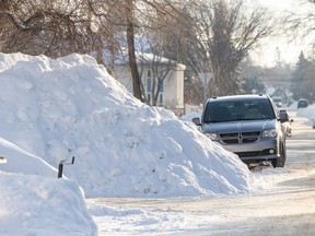 A large pile of snow sits along the roadway on Munroe Avenue in Saskatoon in January.