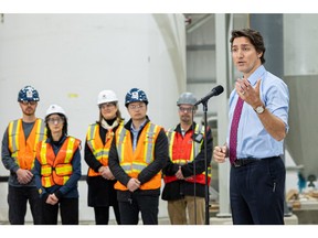 Prime Minister Justin Trudeau answers questions from media after his tour of the Vital Metals rare earths element processing plant in Saskatoon. Photo taken in Saskatoon, Sask. on Monday, January 16, 2022.