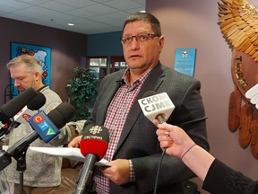 Saskatoon Tribal Council Chief Mark Arcand speaks to media on Jan. 24, 2023 about complaints from residents in the Fairhaven following the opening of the STC's emergency wellness centre in the neighbourhood. (Bryn Levy/Saskatoon StarPhoenix)