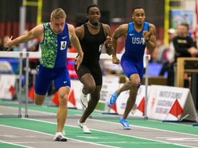 From left to right, Chad Zallow, Eddie Lovett and Marcus Maxey race in the Men's 60 Meter Hurdles Innovational race during the Knights of Columbus Indoor Games at the Saskatoon Field House on Jan. 25, 2020. Zallow came in first place.