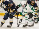In this file photo, University of Saskatchewan Huskies forward Kate Ball battles for the puck with University of British Columbia Thunderbirds forward Mathea Fischer during U Sport women's hockey playoff action at Merlis Belsher Place in Saskatoon on Saturday, February 15, 2020.