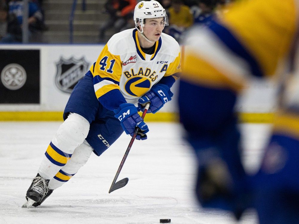 Former Saskatoon Blades defenceman Rhett Rhinehart, shown here playing against the Prince Albert Raiders last March, has joined the U of S Huskies.