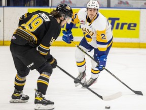 Jake Chiasson, shown here in this April 15, 2022 file photo playing against Ben Saunderson (2) and the Saskatoon Blades, was acquired from the Brandon Wheat Kings at the WHL trade deadline Tuesday.