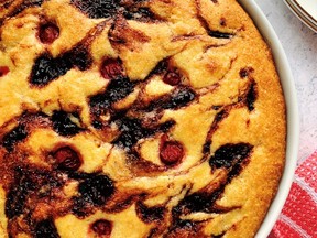 Cherries crumble in Berry Cornmeal and Jam Cake, but any fruit would be delicious.