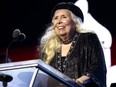 LAS VEGAS, NEVADA - APRIL 01: Honoree Joni Mitchell accepts the Person of the Year award onstage during MusiCares Person of the Year honoring Joni Mitchell at MGM Grand Marquee Ballroom on April 01, 2022 in Las Vegas, Nevada.