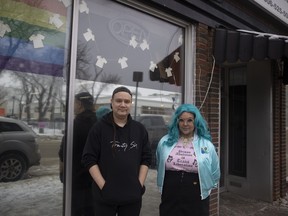 Tiberius Fayant-McLeod (R), a the lead researcher on the recent Trans Sask community report stands beside Bren Henderson at the Newo-Yotina Friendship Centre on Wednesday, January 18, 2023 in Regina.