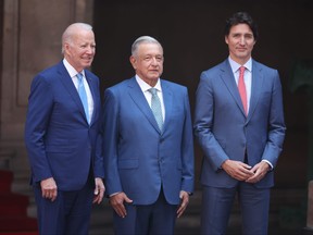 U.S. President Joe Biden, President of Mexico Andres Manuel Lopez Obrador and Prime Minister of Canada Justin Trudeau pose for the media during a welcome ceremony as part of the '2023 North American Leaders' Summit at Palacio Nacional on Jan. 9, 2023 in Mexico City, Mexico.