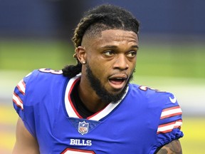 Buffalo Bills Damar Hamlin with his helmet off before playing the Los Angeles Rams during an NFL football game, Sept. 8, 2021, in Inglewood, Calif.