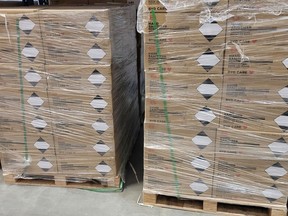 A photo of cases of hand sanitizer included with a package of documents associated with a Request for Proposals document indicating the Saskatchewan Health Authority is seeking someone to dispose of more than 350,000 litres of expired hand sanitizer. (SaskTenders)