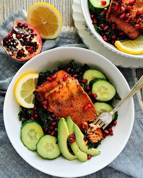 Kohlman: Miso maple salmon and kale are a tasty super-salad combination Miso maple salmon and kale salad. Photo by Renee Kohlman.