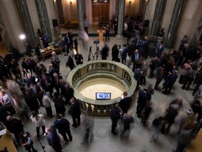 Attendees gather inside the rotunda after the 2022 Saskatchewan provincial budget at the Saskatchewan Legislative Building on Wednesday, March 23, 2022 in Regina. KAYLE NEIS / Regina Leader-Post