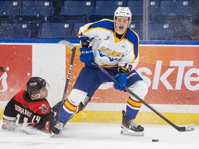 Saskatoon Blades forward Egor Sidorov (19) looks for a pass during WHL action against the Moose Jaw Warriors in Saskatoon on Wednesday, January 18, 2023.