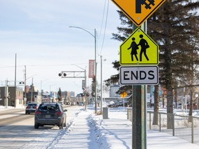 A school zone on 20th Street West near St. Mary's Wellness and Education Centre.