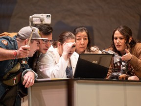 (from left) Deneh'Cho Thompson, Danny Knight, Kathleen MacLean, Tracey Nepinak and Amanda Trapp run through a scene from The Herd during a media call at Persephone Theatre. The Herd, which runs until Feb. 26, tells the story of the various conflicts that come to light when twin white bison calves are born into a First Nation's herd in Saskatchewan.