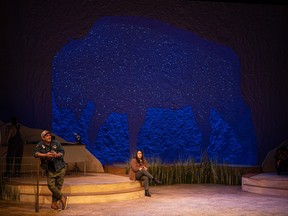 Deneh'Cho Thompson and Amanda Trapp run through a scene from The Herd during a media call at Persephone Theatre. The Herd, which runs until Feb. 26, tells the story of the various conflicts that come to light when twin white bison calves are born into a First Nation's herd in Saskatchewan. Photo taken in Saskatoon, Sask. on Wednesday, Feb. 8, 2023. (Saskatoon StarPhoenix / Michelle Berg)