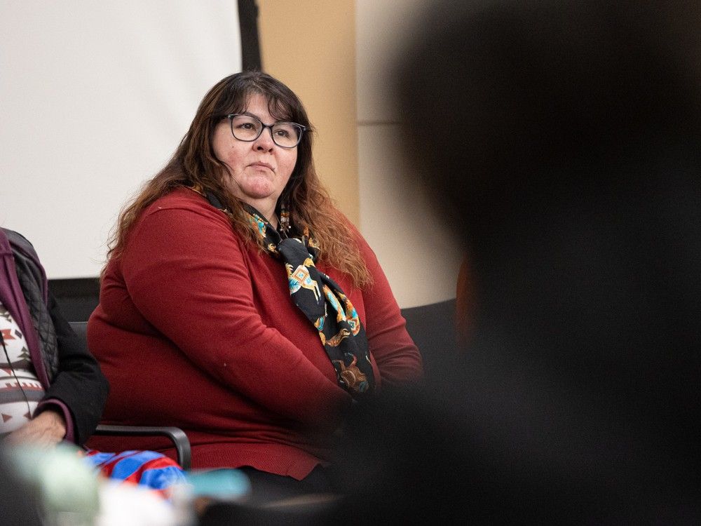 Cindy Ghostkeeper-Whitehead, a family wellness worker on the James Smith Cree Nation, and Mike Marion, the First Nation's health director, say it's frustrating that the community's response isn't being heard at a coroner's inquest into the 2022 mass stabbings. Ghostkeeper-Whitehead, left, and Marion speak to media at the inquest vin Melfort, Sask., on Tuesday, Jan. 23, 2024.