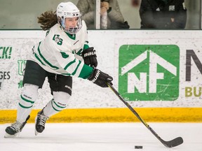 University of Saskatchewan Huskies blueliner Isabella Pozzi carries the puck against the University of British Columbia Thunderbirds during U Sport women's hockey playoff action at Merlis Belsher Place in Saskatoon on Saturday, February 15, 2020.