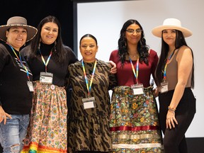 (from left) Paulie Poitras, Marissa Moar, Melanie Baldwin, Angelina Perea and Denita Gladeau stand for a photo during a two-spirit youth conference at Dakota Dunes Resort and Casino.