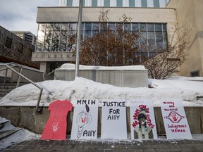 Signs of support for Ally Moosehunter outside Saskatoon’s Court of Kings Bench. Moosehunter was found dead on March 4, 2020. Ivan Roberto Martell is on trial for first-degree murder in her death.