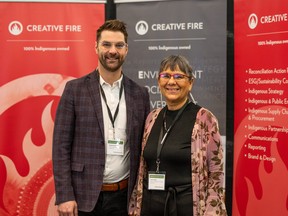 Preston Cicchine, left, and Carol Crowe represent Creative Fire, an Indigenous owned consulting agency, at the second annual Indigenous Business Gathering. Photo taken in Saskatoon, SK on Tuesday, February 28, 2023.