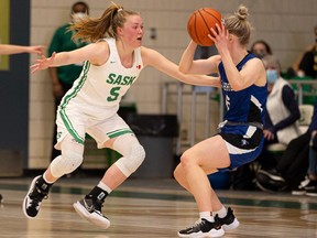 University of Saskatchewan Huskies' guard Gage Grassick takes on the University of Lethbridge Pronghorns during the Canada West conference semi final at the PAC in Saskatoon on Friday, March 18, 2022.