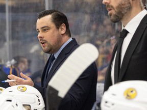 Saskatoon Blades' head coach Brennan Sonne during first period action against the Prince Albert Raiders at SaskTel Centre. Photo taken in Saskatoon, Sask. on Friday, April 8, 2022.