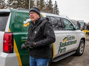 Saskatchewan Party leader Scot Moe arrives at "The Big Honkin' Rally for a Strong Saskatchewan" in Saskatoon, SK on Friday, October 23, 2020.