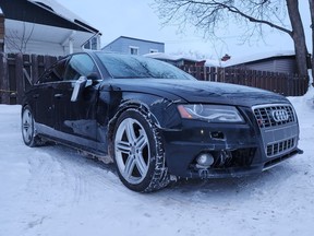 Quebec resident Taylor-anna Kobinger's damaged stolen Audi that was stolen and used in smash-and-grab robbery at Vaughan Mills Mall on Wednesday, Feb. 1, 2023.