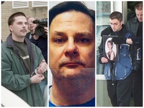 From left: Kenneth David Mackay leaves Saskatoon Court of Queen's Bench on June 18, 2002 after a jury convicted him of first-degree murder in the Dec. 29, 2000 death of 21-year-old Crystal Paskemin; a recent photo of Mackay, who was granted day parole for six months in January 2023; a photo of Paskemin is carried ahead of her coffin at her memorial service on Jan. 26, 2001. (Saskatoon StarPhoenix)