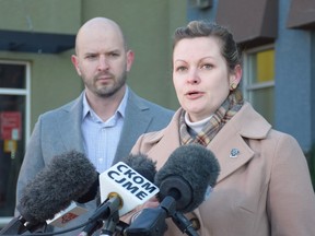 Saskatchewan NDP health critic Vicki Mowat (right) and NDP rural and remote health critic Matt Love held a news conference in Warman on Feb. 13, 2023, calling for the province's health-care system to be rebuilt to make it more responsive to local needs