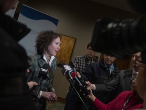 Minister of Justice and Attorney General Bronwyn Eyre speaks to the media after her presentation regarding the Saskatchewan First Act at a Saskatchewan Chamber of Commerce event held inside the Double Tree Hotel on Wednesday, February 1, 2023 in Regina. KAYLE NEIS / Regina Leader-Post