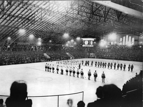 The New York Rangers and New York Americans face off in an NHL exhibition game on Oct. 30, 1937, to mark the opening of Saskatoon Arena on 19th Street East. The Saskatoon Blades played their last game in the facility in 1988 before moving north to Saskatchewan Place (now SaskTel Centre) and Saskatoon Arena was demolished in 1989. (City of Saskatoon archives)